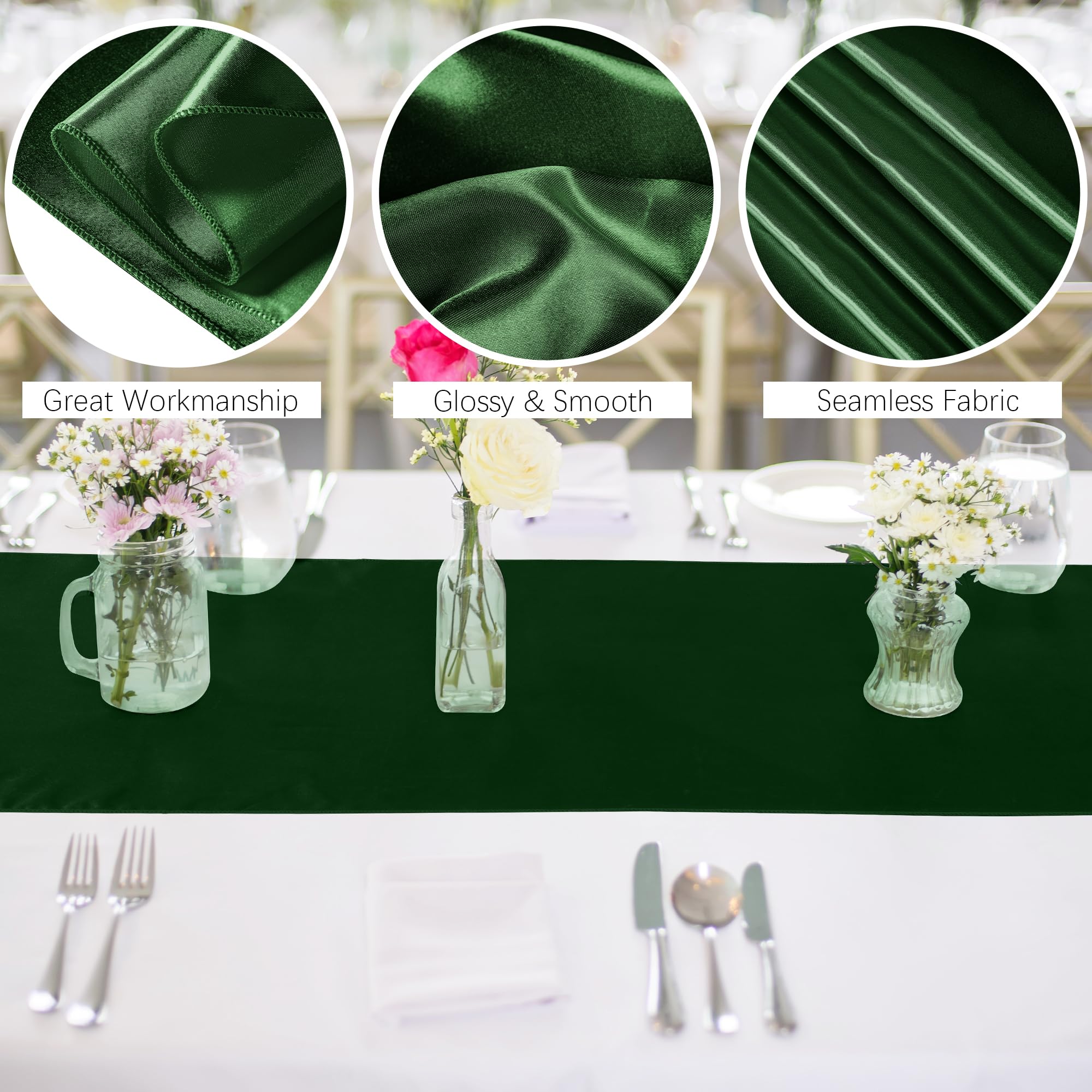 Aneco 12 Pack Satin Table Runner 12 X 108 Inch Forest Green Long Wedding Satin Silk Table Runner For Wedding Banquet Graduations